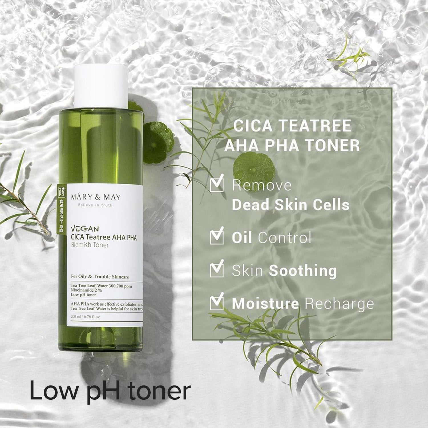Mary & May Vegan Cica Tea Tree AHA PHA Blemish Toner 30ml – Exfoliating & Soothing Toner for Clear Skin