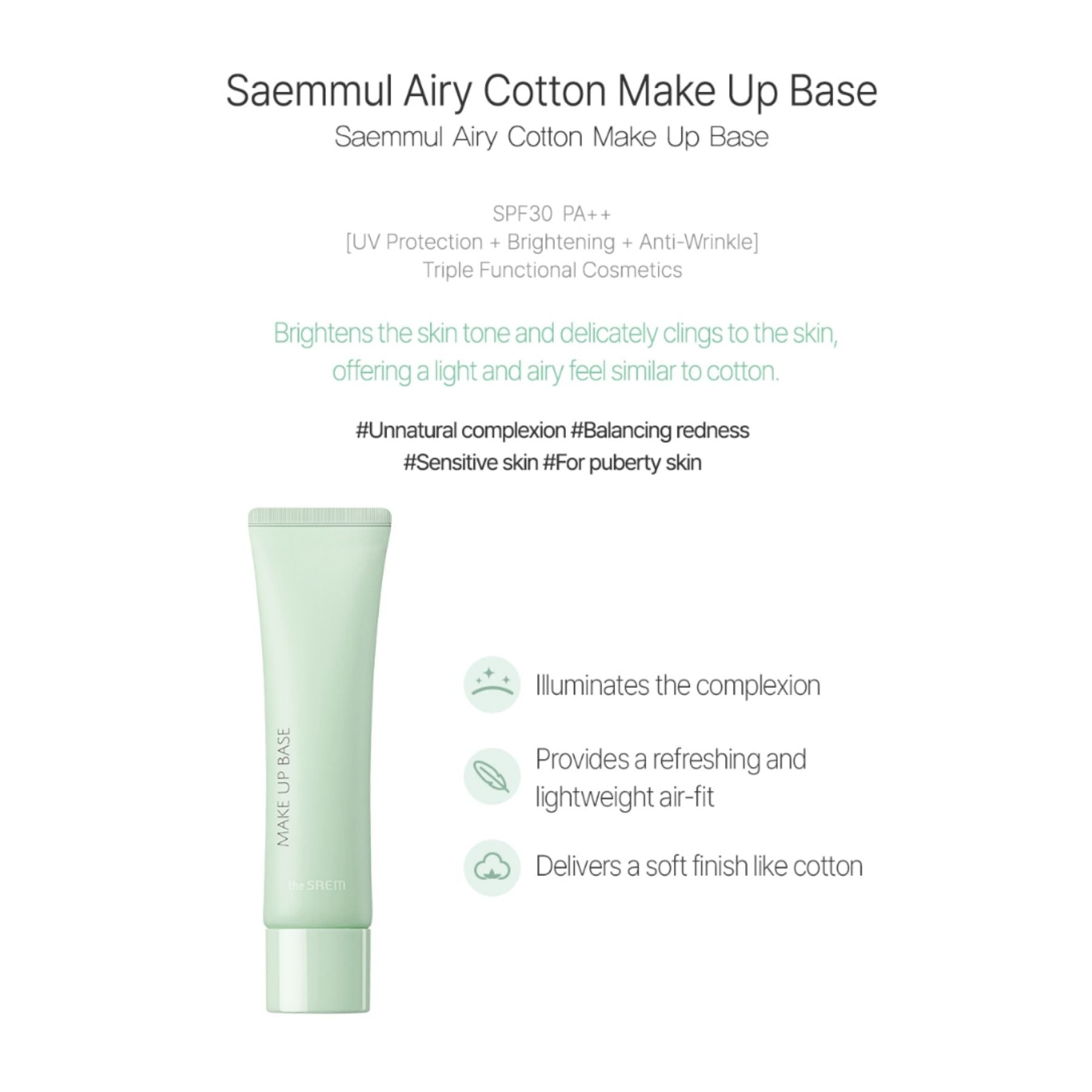 The Saem Saemmul Airy Cotton Green Makeup Base – Redness Corrector 30 mL