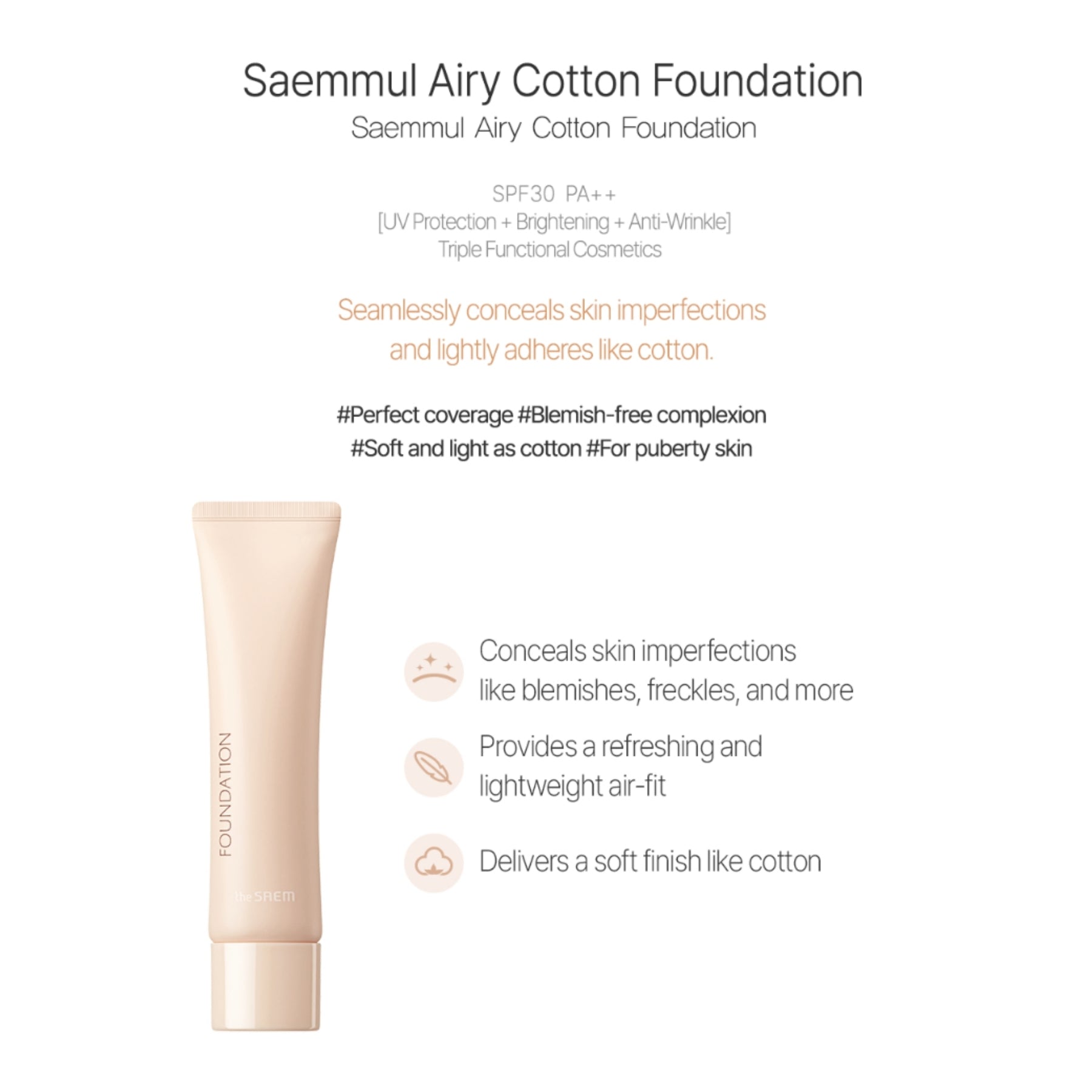 The Saem Airy Cotton Matte Foundation SPF30 – Natural Beige 30ml
