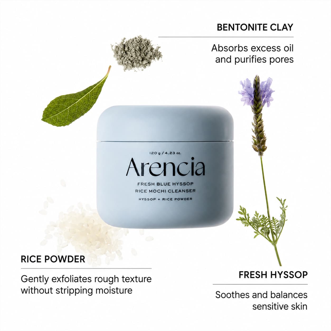 Arencia Blue Hyssop Rice Mochi Cleanser, 120 g