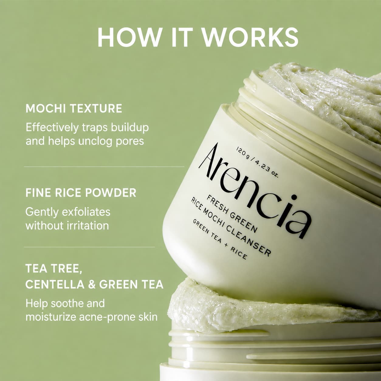 Arencia Fresh Green Rice Mochi Cleanser, 120 g / 4.23 oz