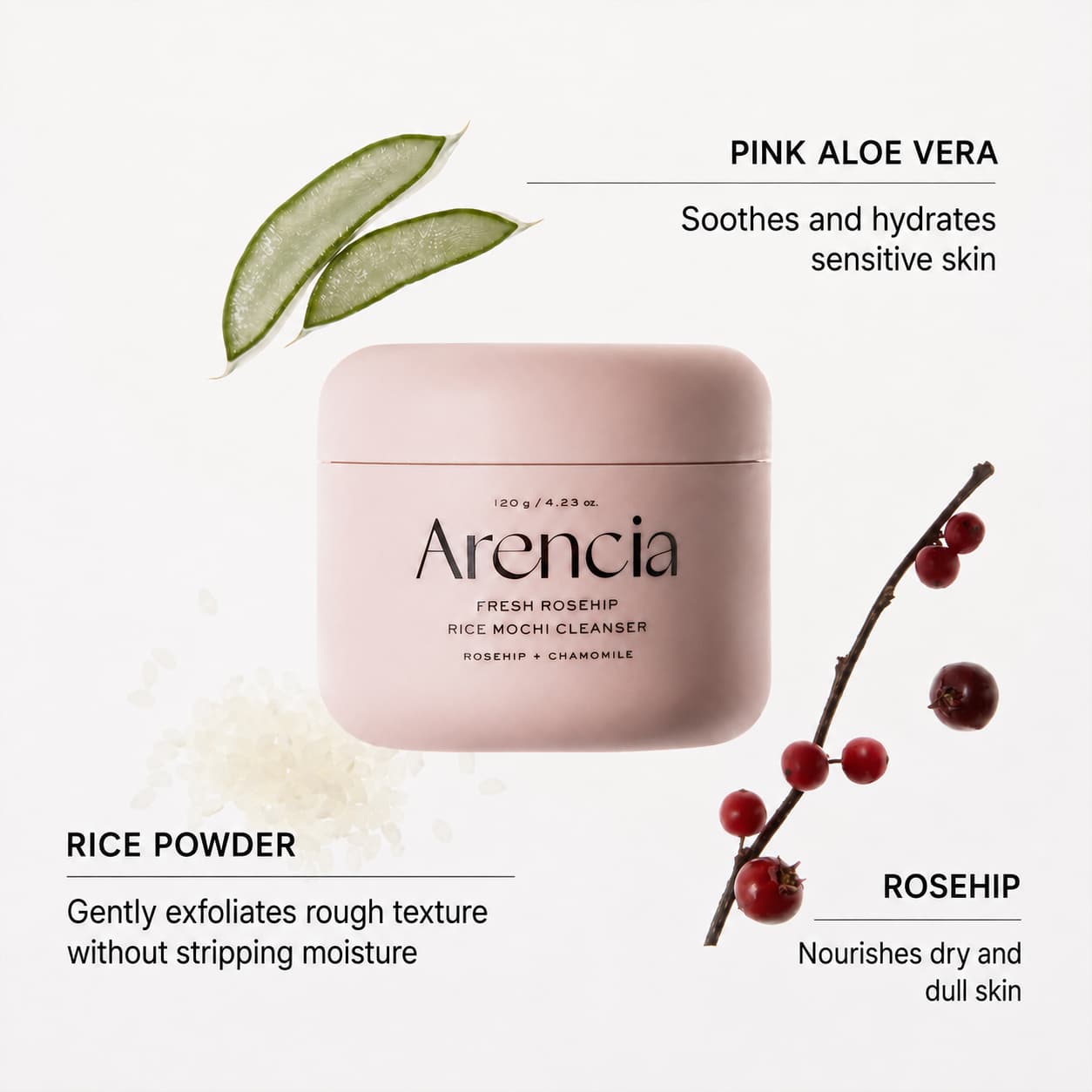 Arencia Fresh Rosehip Rice Mochi Cleanser, 120 g